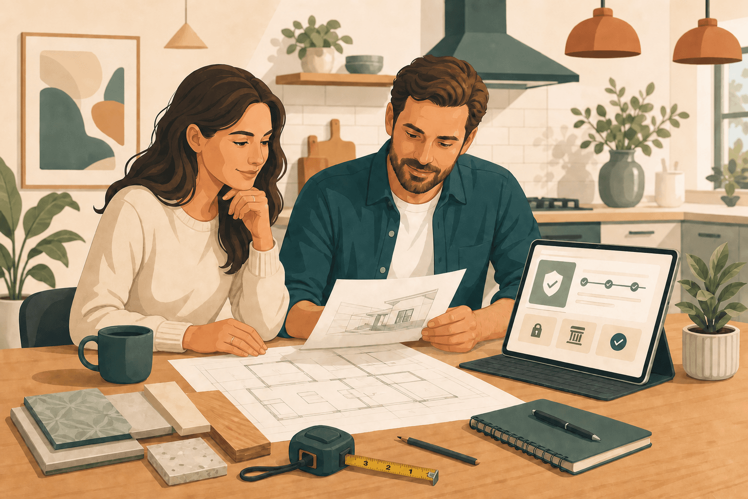 Homeowners reviewing renovation plans and protected payment details.