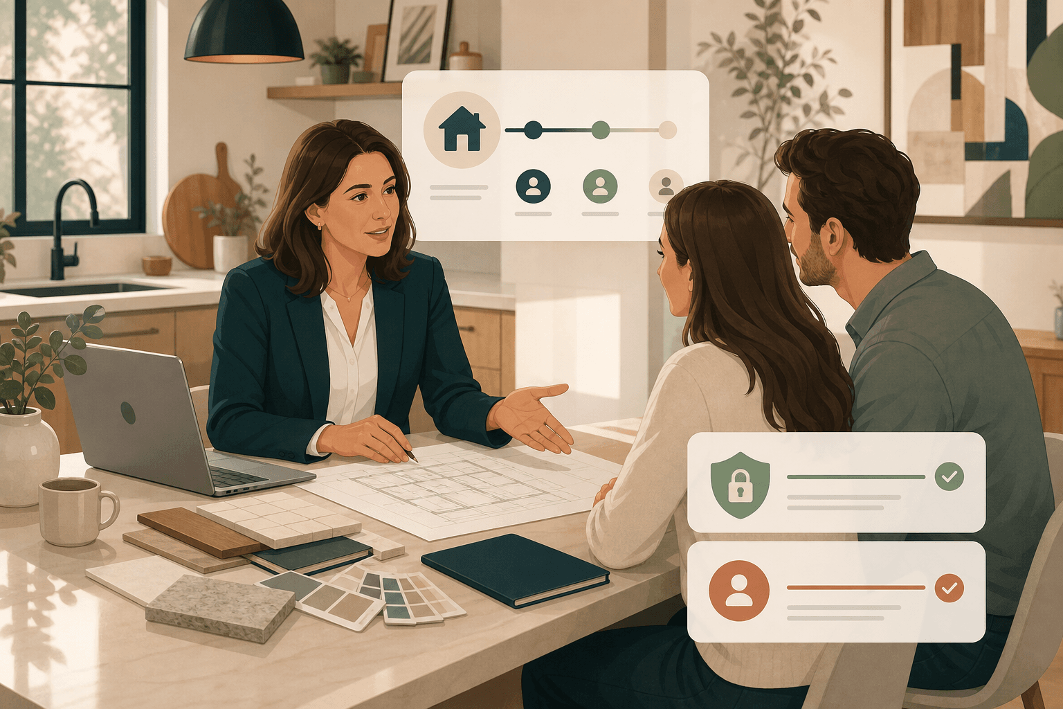 Realtor guiding clients through contractor project planning and payment protection.
